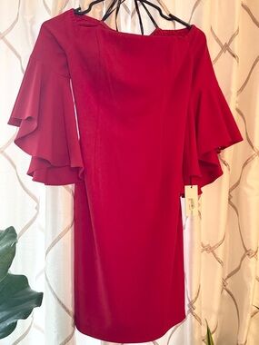 NWT Calvin Klein Red Midi Dress with Ruffle Bell Sleeves
